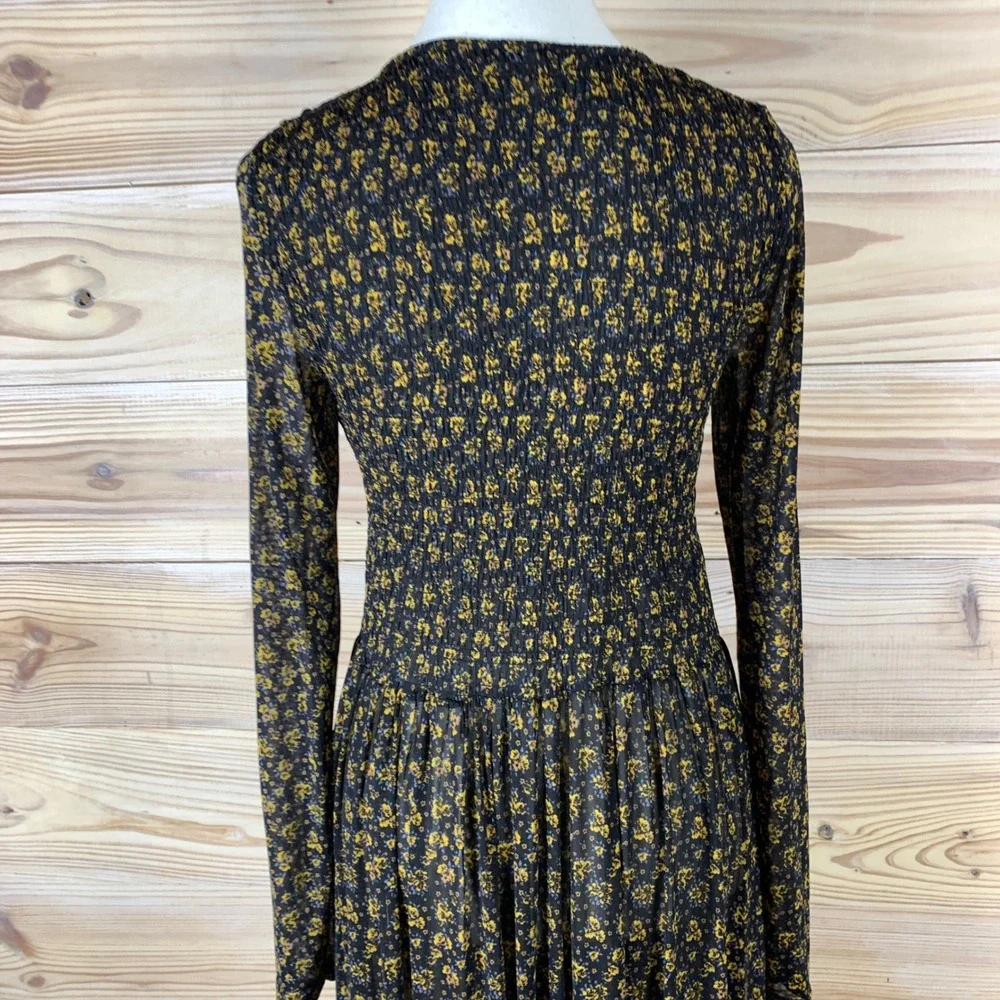 Free People Maxi Dress‎ Womens Small Dark Floral Smocked Mesh Long Sleeve Boho